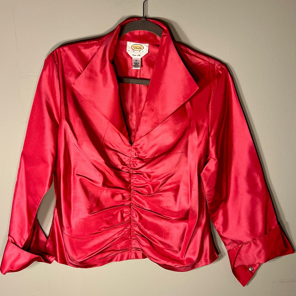 Talbots Pink Pure Silk ruche front blouse
